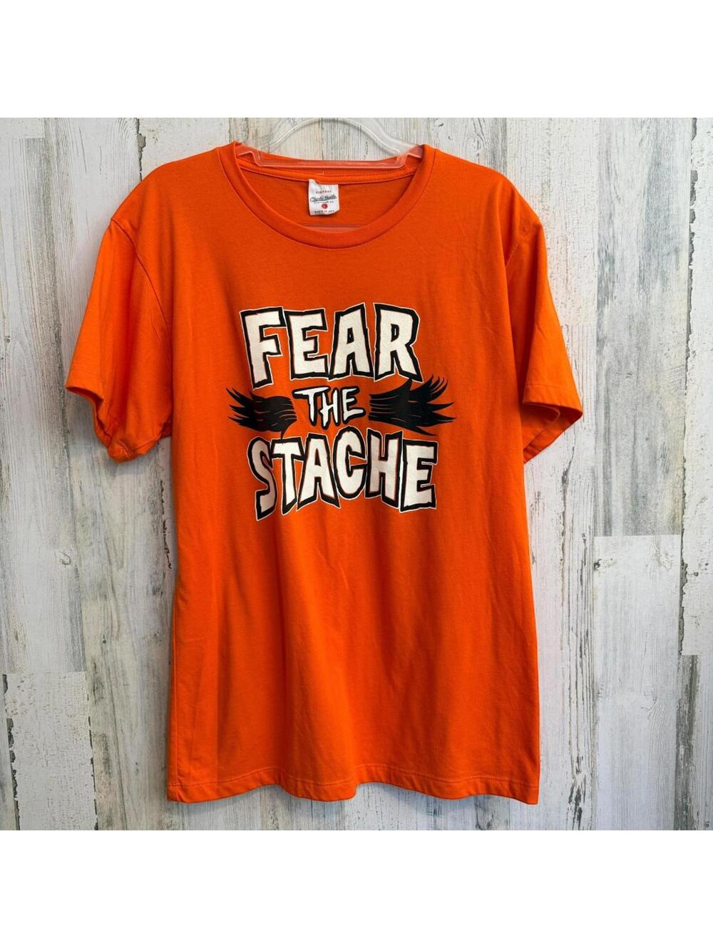 Vintage Charlie Hustle 'Fear The Stache' Orange T-Shirt Large Graphic Tee Shirt